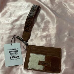 Trinity Ranch Cowhide Brown&White Leather Wristlet Card Holder with Tooled Strap